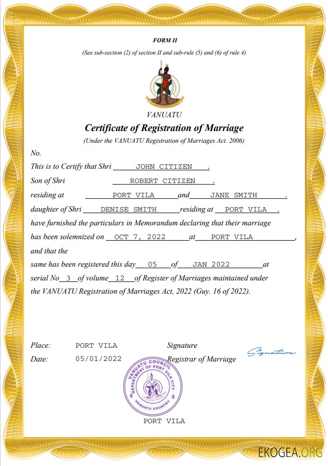 Modèle Word et PDF d'acte de mariage à Vanuatu